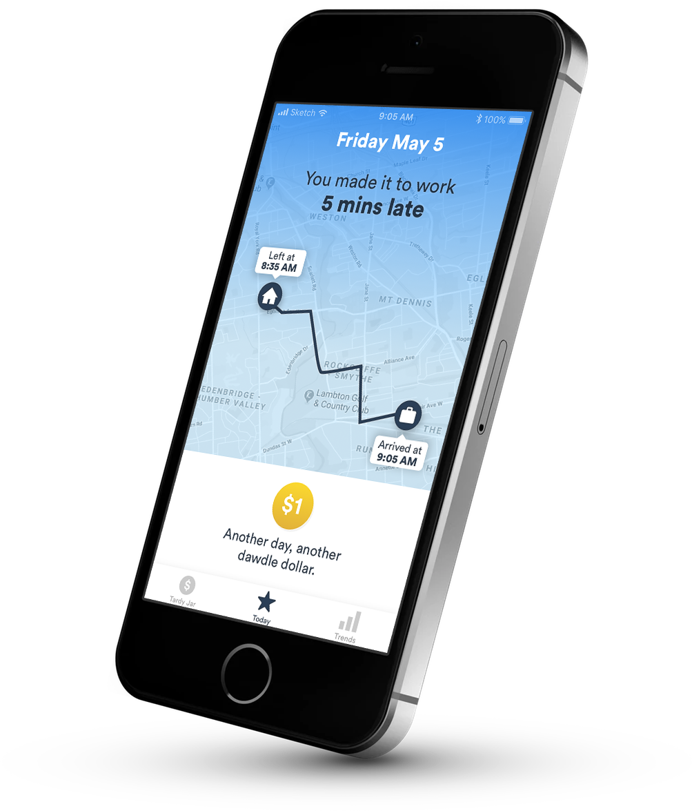 iPhone showing the user's their travel journey and that they arrived 5 minutes late to work.