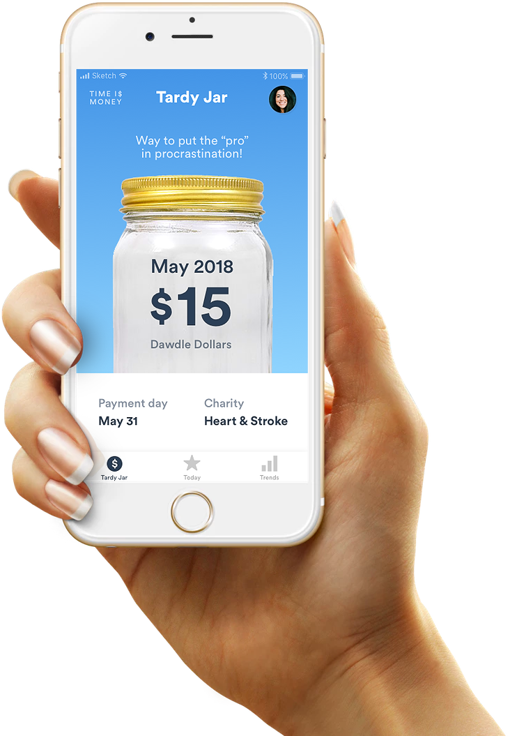 Hand holding an iPhone, showing the Time is Money app's Tardy Jar screen, which features the monthly total of Dawdle Dollars, when the payment is due, and the charity selected.